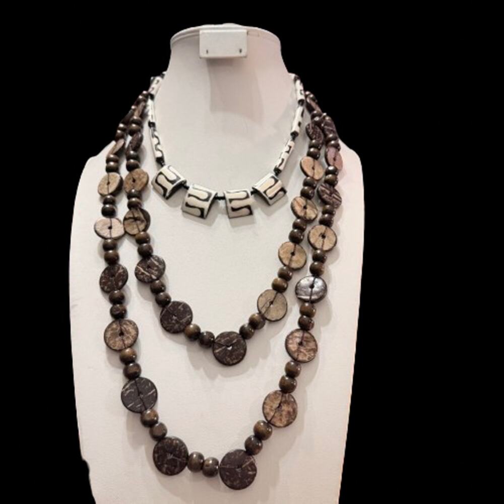 2x Boho African Tribal Batik Bone & Coconut Beaded Necklaces